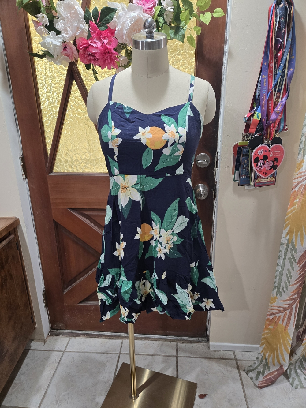 Old Navy Navy Floral Sundress with Green Leaves